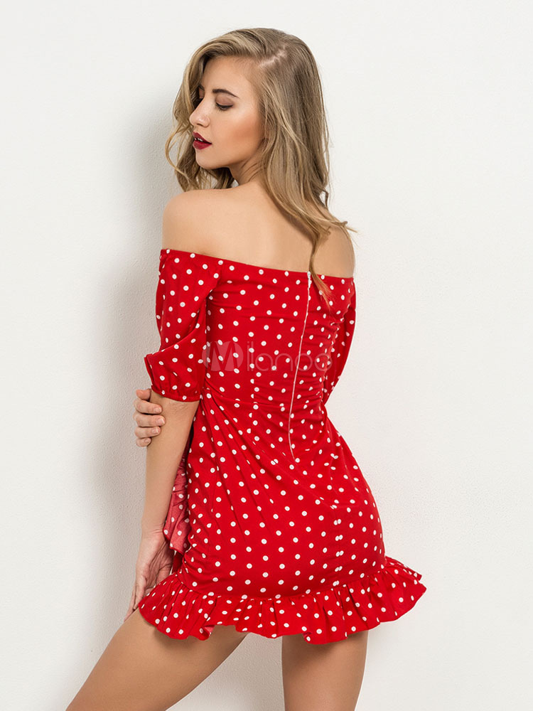 Red Summer Dress Off The Shoulder Sundress Cut Out Ruffles Polka Dot Mini Dress