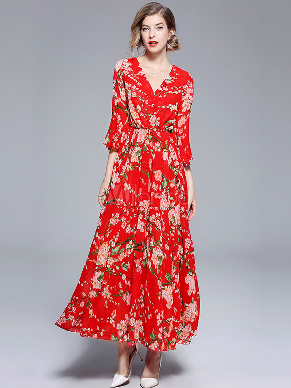 Floral Maxi Dress Red V Neck Long Sleeve Chiffon Casual Dress - Milanoo.com