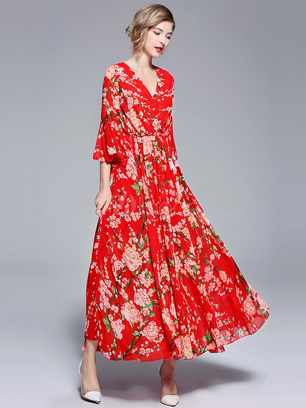 Floral Maxi Dress Red V Neck Long Sleeve Chiffon Casual Dress - Milanoo.com