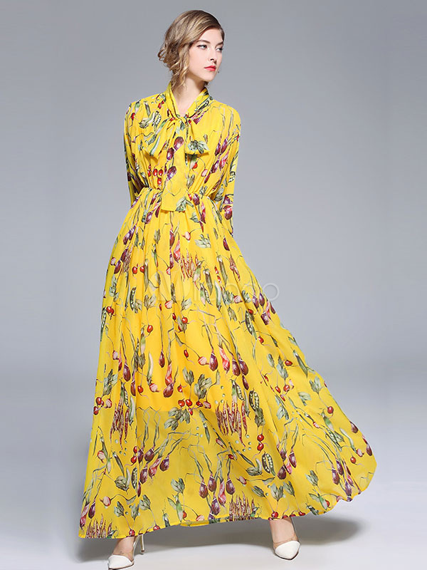 Floral Maxi Dress Long Sleeve Yellow 