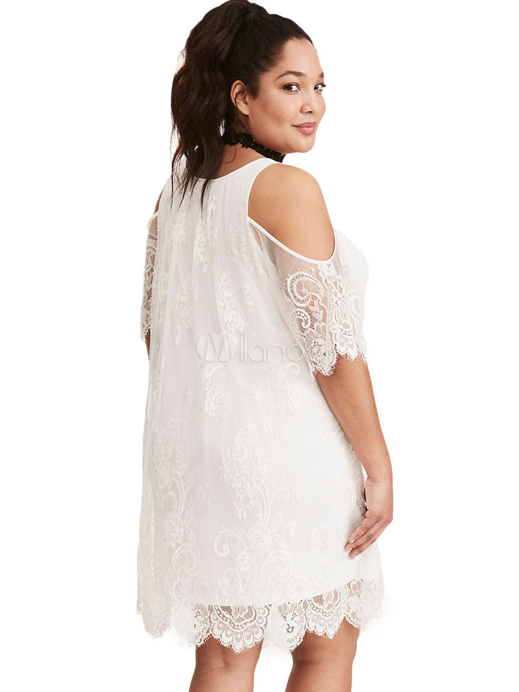 Plus Size Dress U Neck Lace Half Sleeve Cold Shoulder Summer Dress