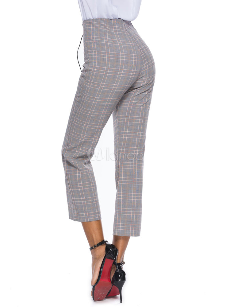 Pantalone a gamba dritta in pizzo grigio a quadri donna - Milanoo.com