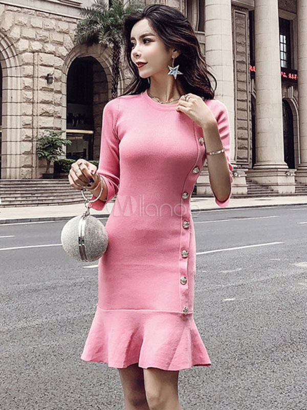 Vestito aderente lavorato a maglia Mezza manica abbottonatura bottoni Abito  a maglia modellante - Milanoo.com
