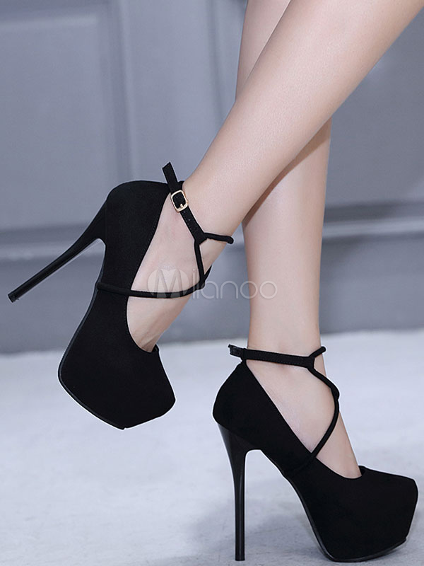 Tacones de aguja negro gamuza almendra cruzada tacón de aguja zapatos atractivos para las mujeres - Milanoo.com