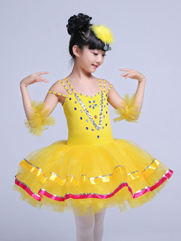  Disfraz de bailarina de cisne para niña, leotardo de  lentejuelas brillantes, vestido tutú de ballet, camisola profesional, falda  de baile de ballet, Amarillo : Ropa, Zapatos y Joyería