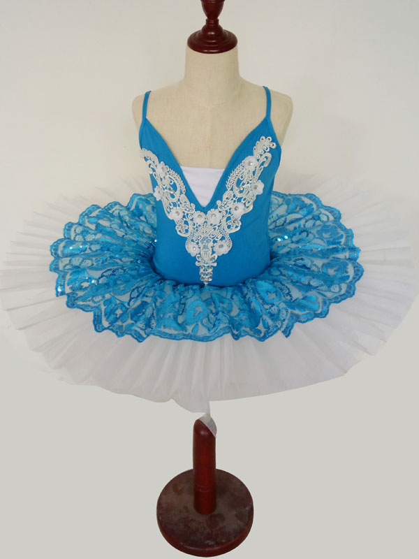 Ballet Dance Robe Bleu Dentelle Plissé Applique Tutu Costume Déguisements Halloween