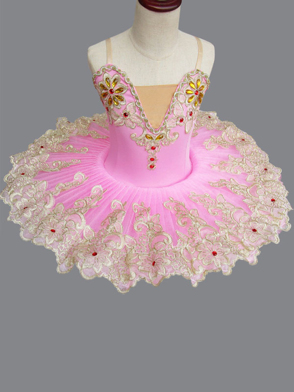 Costume de danse de ballet rose dentelle brodée perlée robe de ballerine tutu Déguisements Halloween