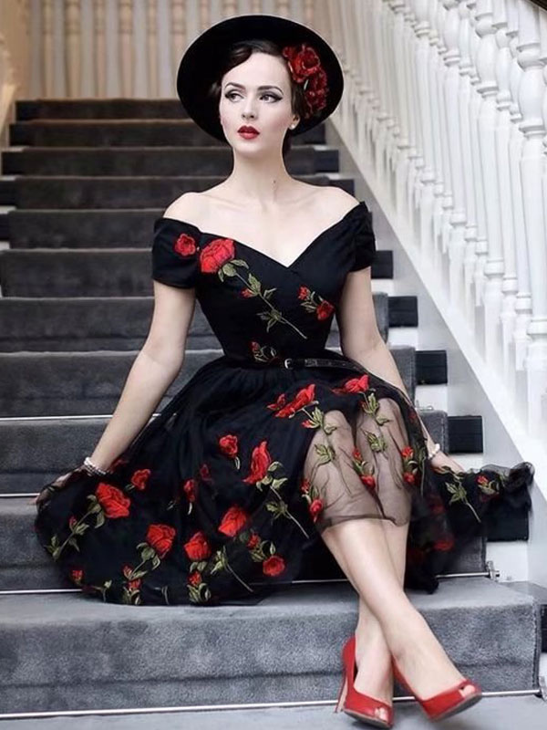 Mode Femme Robes | Robe Vintage Noire Robe année 50 Hors de l'Épaule Fleur Brodée avec Tulle Robe de Bal - RU56944