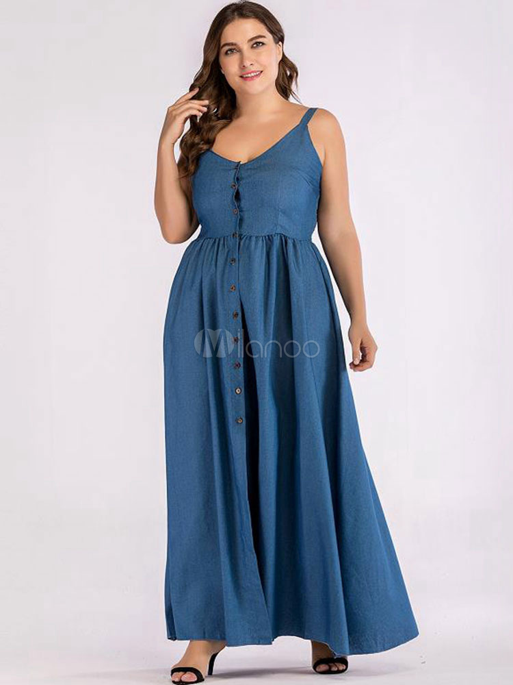 Vestido largo abotonado de gran de mezclilla azul con vestido maxi mujer - Milanoo.com