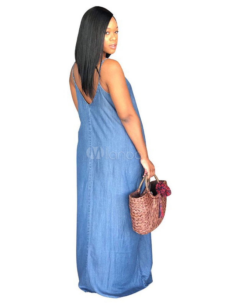 Maxi vestito di jeans blu senza spalline Abito estivo casual - Milanoo.com