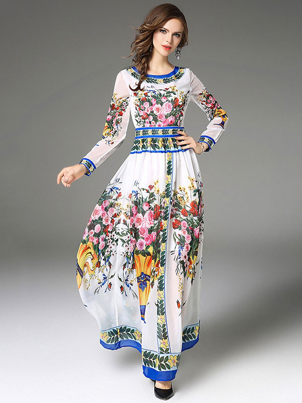 Vestido de gasa de las mujeres de manga larga vestido floral gasa -  Milanoo.com