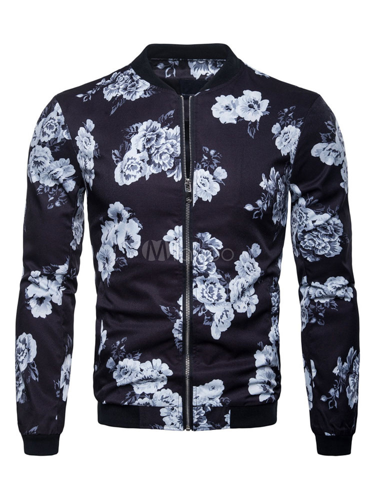 Black Bomber Jacket Floral Print Zip Up Slim Fit Men Casual Jacket ...