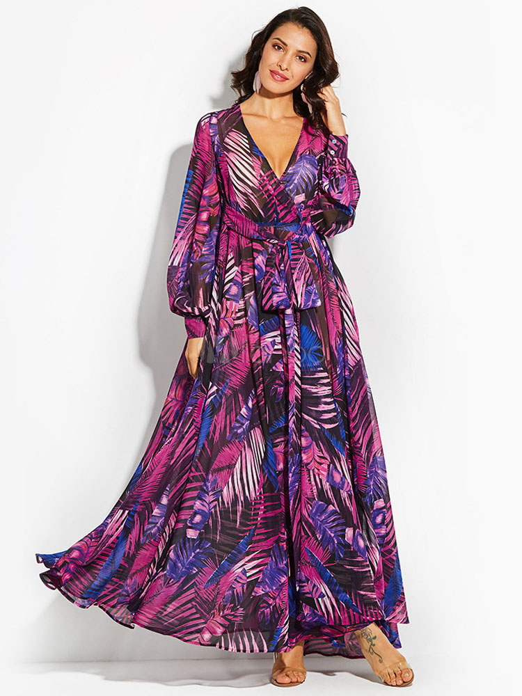 Chiffon Maxi Dress Long Sleeve V Neck Tropical Dress Leaf Print Fall ...
