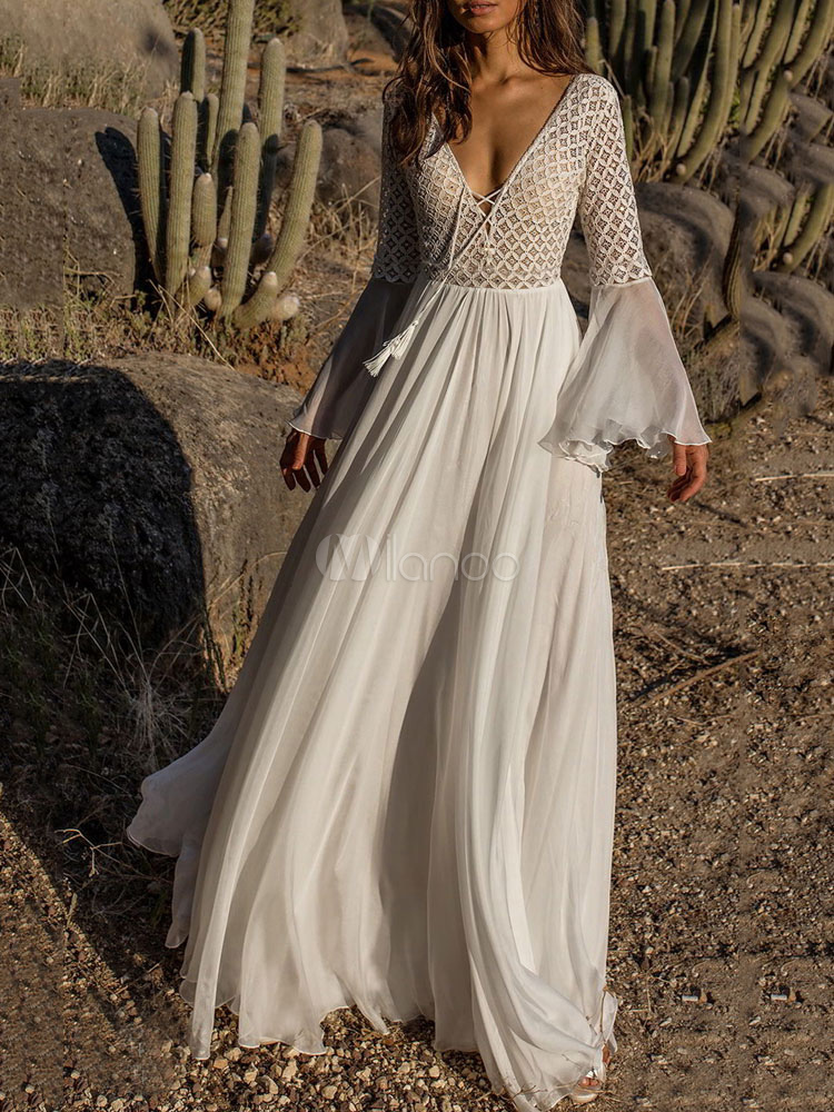 White Maxi Dress Lace See Through Boho Dress Bell Sleeve Chiffon V Neck Tassels Long Prom Dress