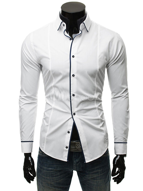 Black Casual Shirt Two Tone Piping Slim Fit Long Sleeve Men Shirt ...