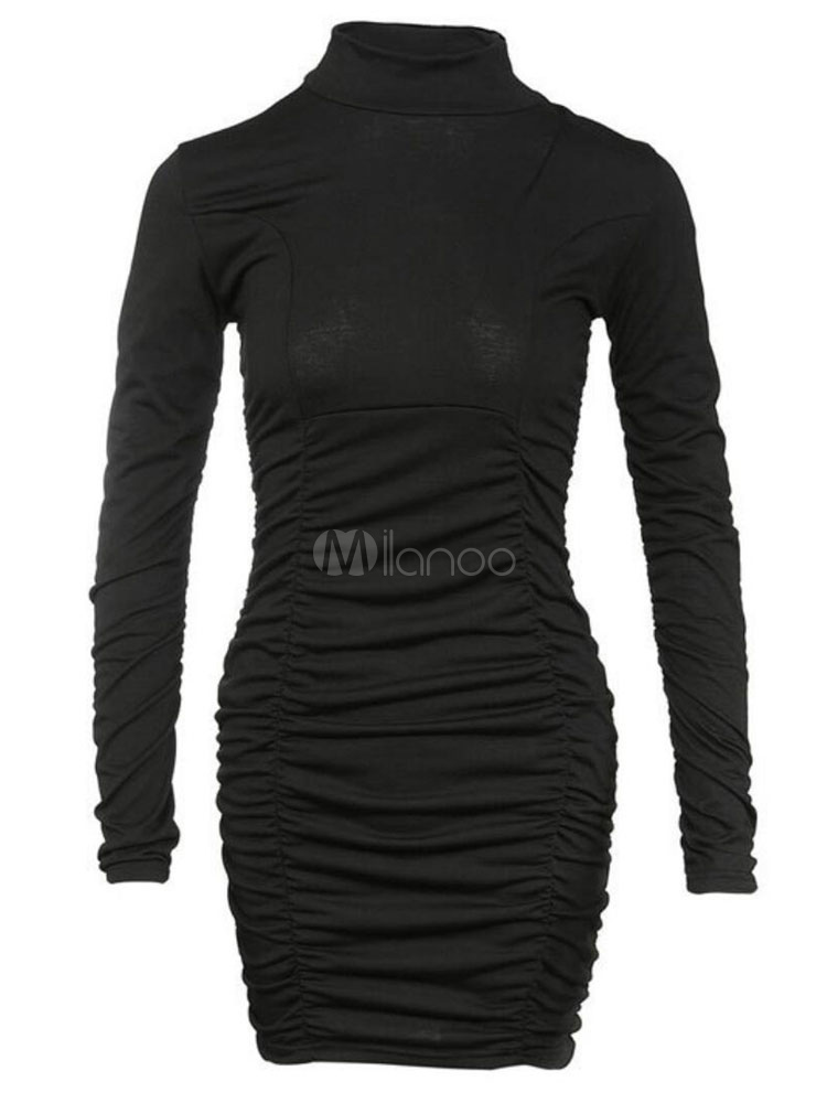 Sexy Bodycon Dress Black Party Dress Ruched High Collar Shaping Mini ...