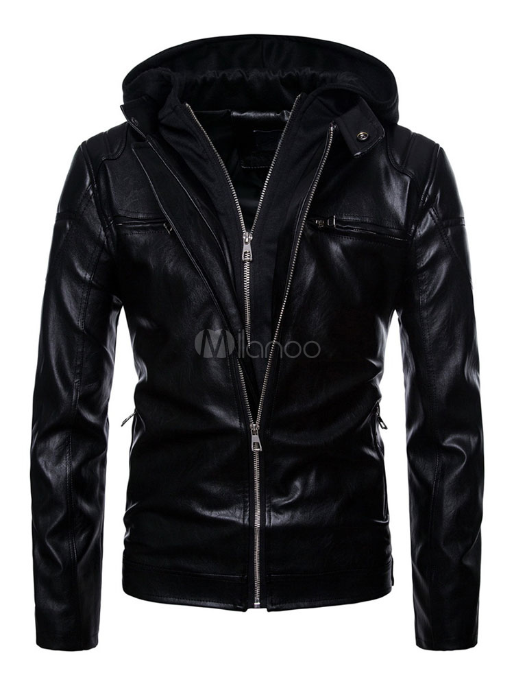 hooded patchwork slim men's leather jacket