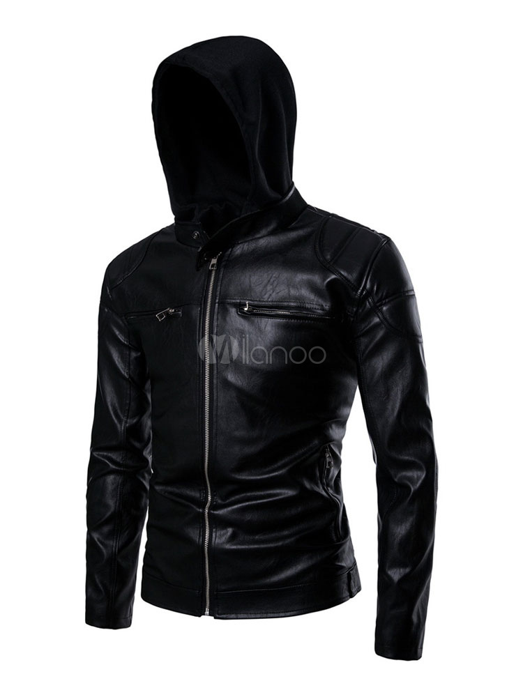 hooded patchwork slim men's leather jacket