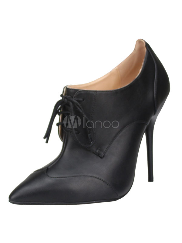 Botines Zapatos con cordones de de Botines alto cordones cortos mujer tacón de negra de punta rqwvBFTr