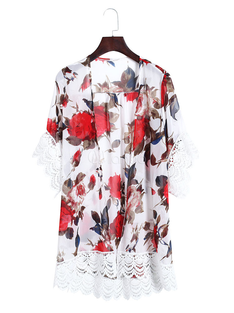 Women White Kimono Half Sleeve Lace Open Front Floral Kimono Jacket