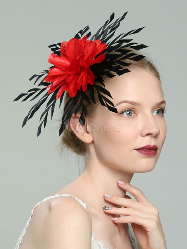 Rouge noir en plumes pilulier chapeau coiffe déclaration cheveux fascinator vintage 2224 