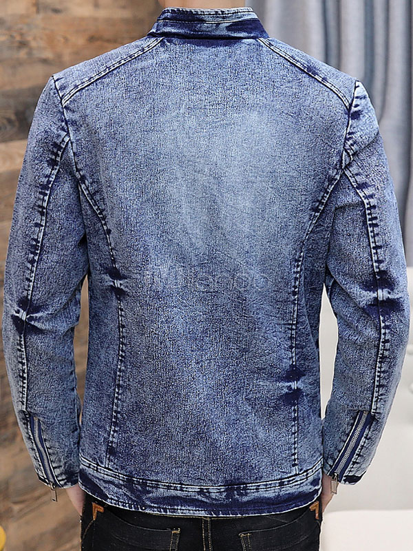 Men Denim Jacket Zipper Distressed Stand Collar Regular Fit Deep Blue
