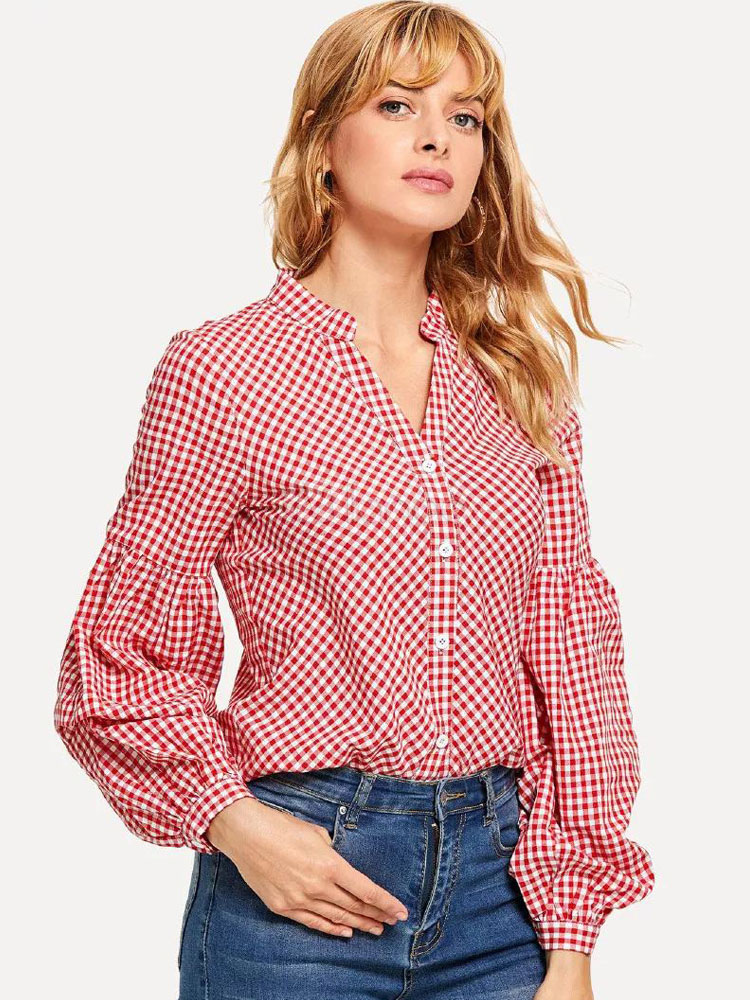 Red Plaid Blouses Long Sleeve V Neck Buttons Casual Top For Women ...