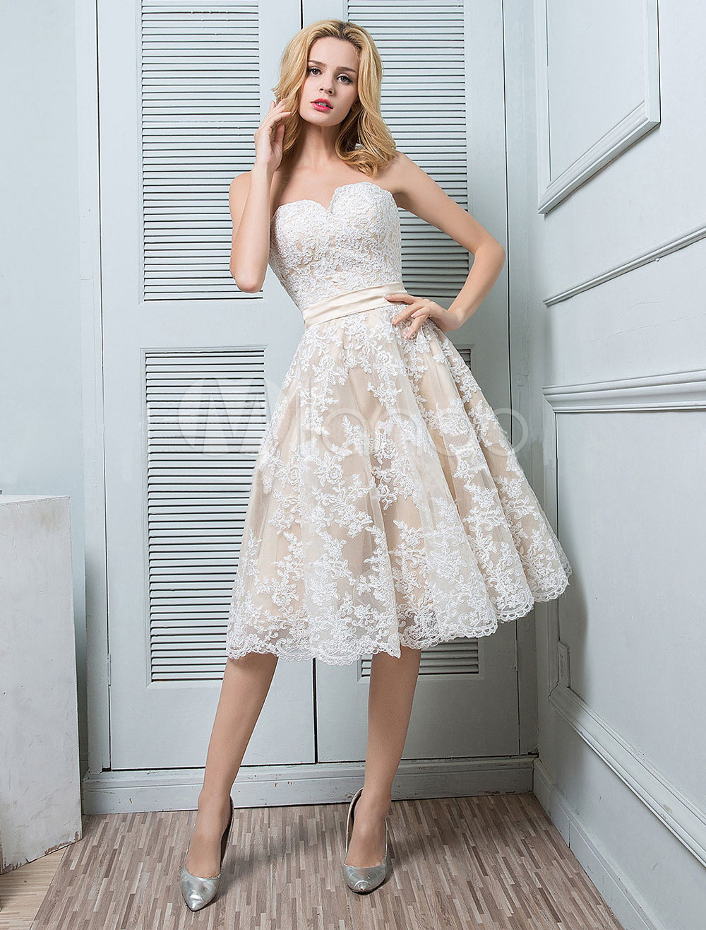 White Lace Dress Strapless Party Dress Embroidered Midi Dress - Milanoo.com