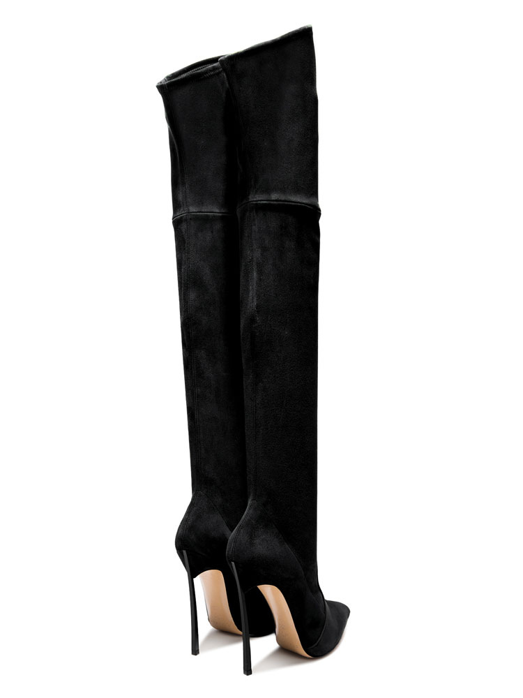 Black Thigh High Boots Womens Elastic Fabric Pointed Toe Stiletto Heel Over The Knee Boots