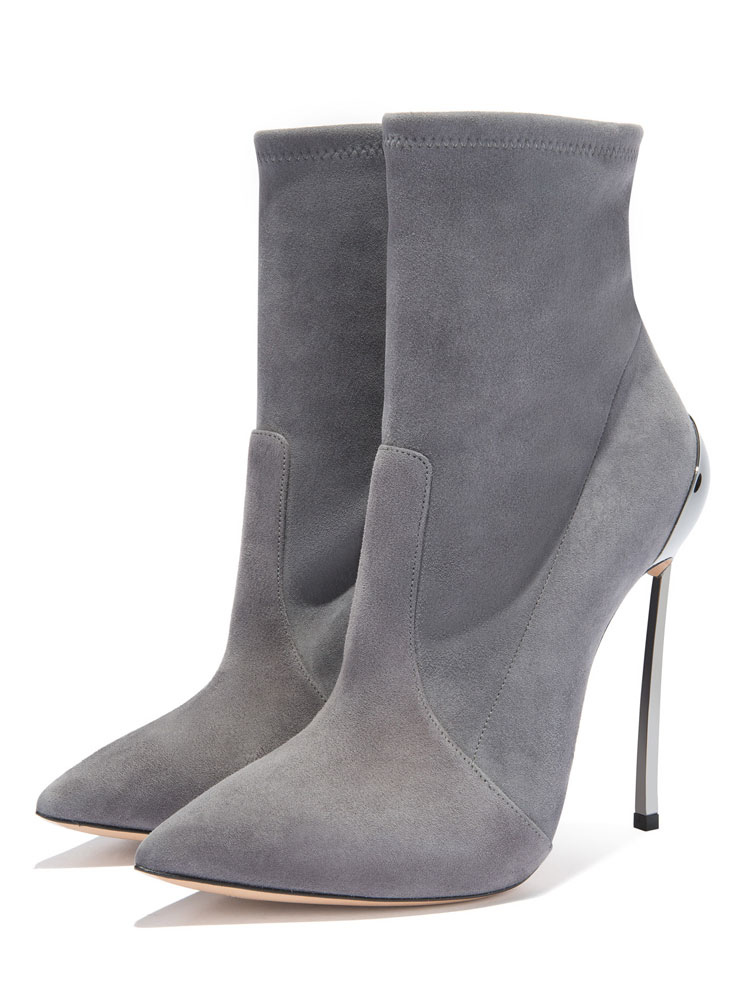 grises de tacón alto Zapatos de de mujer cortos de tacón de aguja con punta en pico gamuza - Milanoo.com