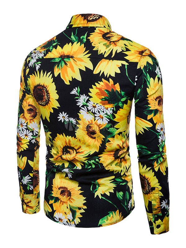 Men Floral Shirt Sunflower Print Beach Shirt Slim Fit Long Sleeve ...