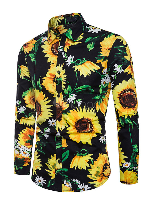 Men Floral Shirt Sunflower Print Beach Shirt Slim Fit Long Sleeve ...