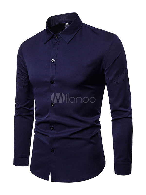 Men Casual Shirt Cut Out Slim Fit Long Sleeve Shirt - Milanoo.com