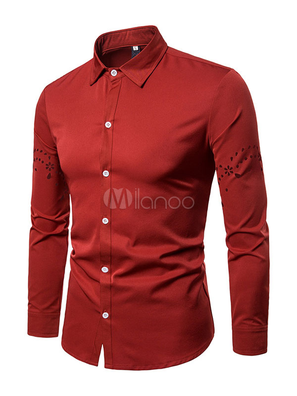 Men Casual Shirt Cut Out Slim Fit Long Sleeve Shirt - Milanoo.com