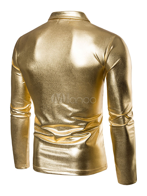 Men Polo Shirt Metallic Shimmering Two Tone Color Block Long Sleeve ...