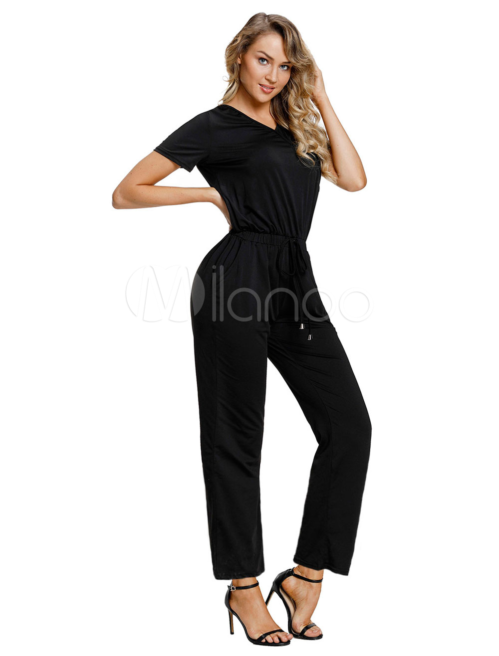 Women Black Jumpsuit V Neck Short Sleeve Straight Leg Jumpsuit