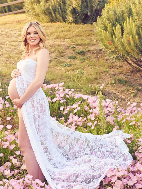 white lace maternity maxi dress