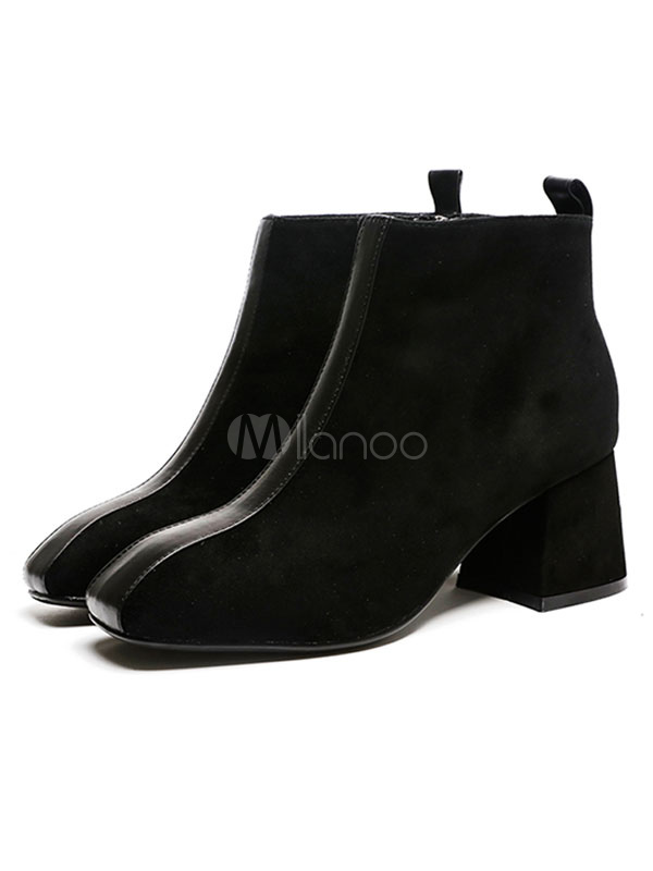 Equivalente Enfriarse Mejor Botines negros de gamuza punta cuadrada Botines cortos de tacón grueso para  mujeres - Milanoo.com