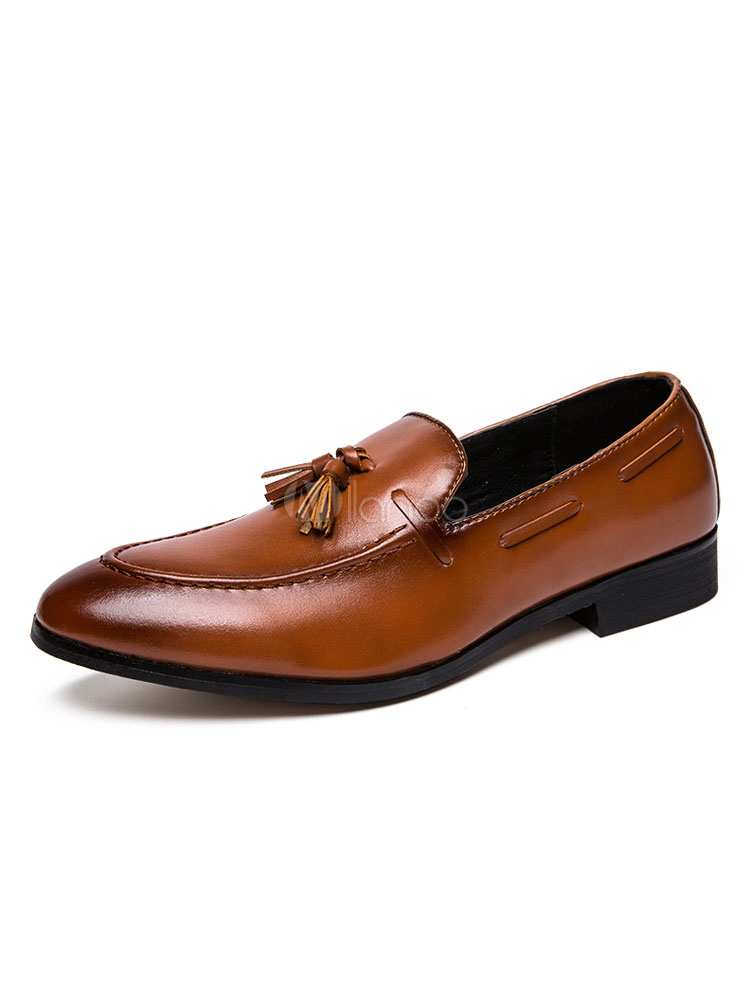 Brown Dress Shoes Pointed Toe Slip On Loafers Men Business Shoes ...