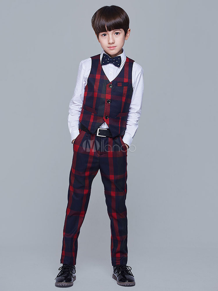 Red Ring Bearer Outfit Wedding Boys Suits Tuxedo Plaid Kids Formal Wear