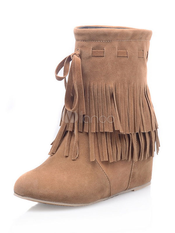 Suede Ankle Boots Brown Round Toe Wedge 