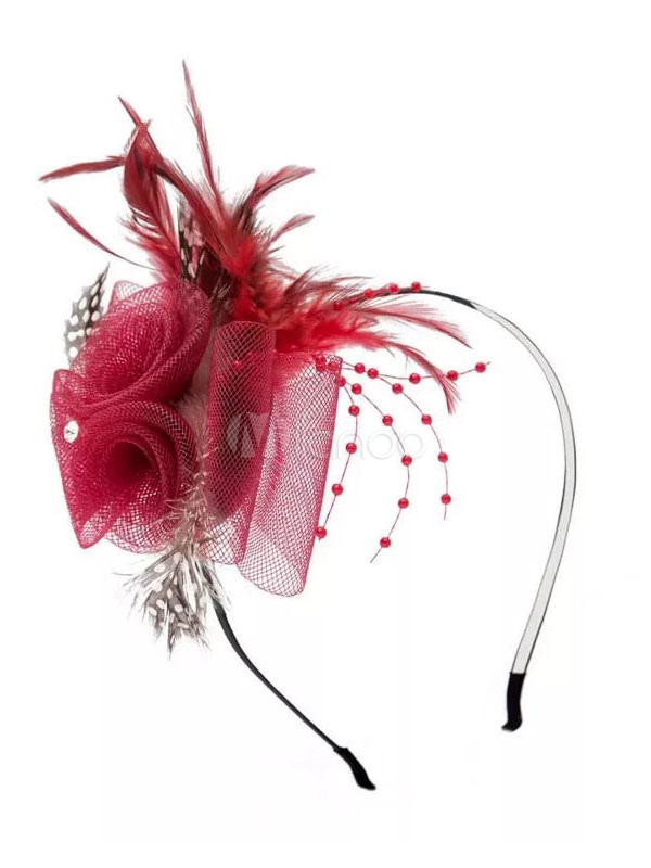 Burgundy Wedding Headpieces Feather Hair Band Royal Bridal Hair