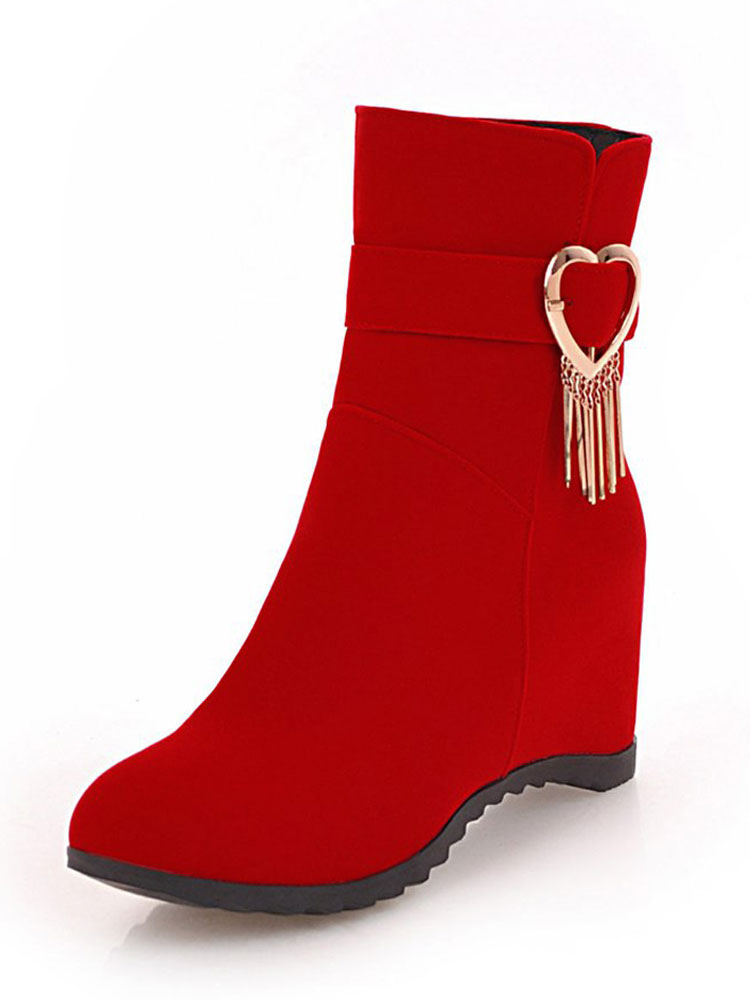 Red Wedge Boots Nubuck Round Toe Metal 