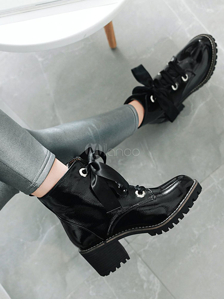 Botines negros mujer Botas militares mujer negro de tacón gordo de puntera  redonda 6cm de Invierno Otoño Color liso con cinta para uso al aire libre  2022 - Milanoo.com