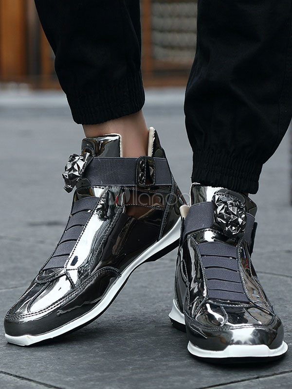 Men Sneakers Metallic Round Toe Metal Detail High Top Skate Shoes ...