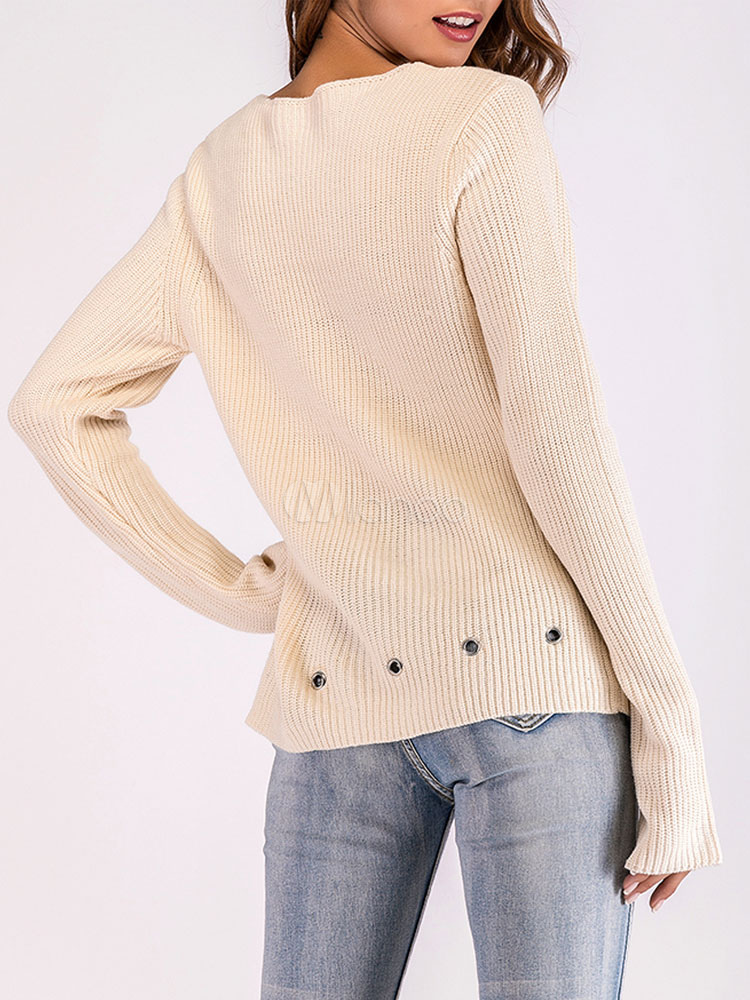 Women Knit Sweater V Neck Long Sleeve Grommets Apricot Pullover Sweater ...