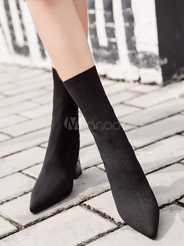 Black Sock Boots Women Pointed Toe 