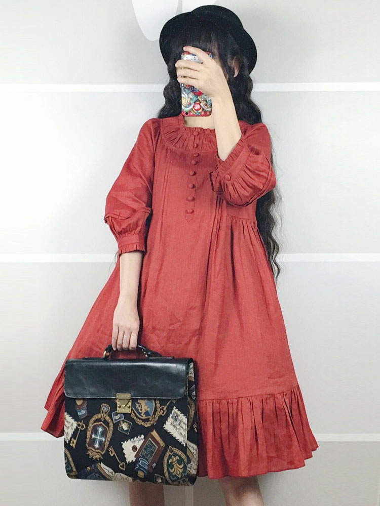 Classic Lolita OP Dress Frill Button Linen Lolita One Piece Dress