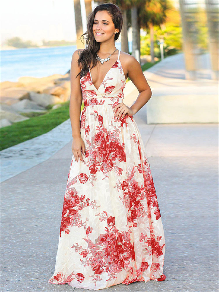 Moda Mujer Vestidos | Vestido largo rojocon estampado de flores sin mangas de algodón mezclado muy escotado por detrás con cremallera con tirantes Verano - YP38218