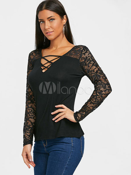 Camiseta Negra Con Cuello En V De Manga Larga Con Cuello En V Para Mujer 